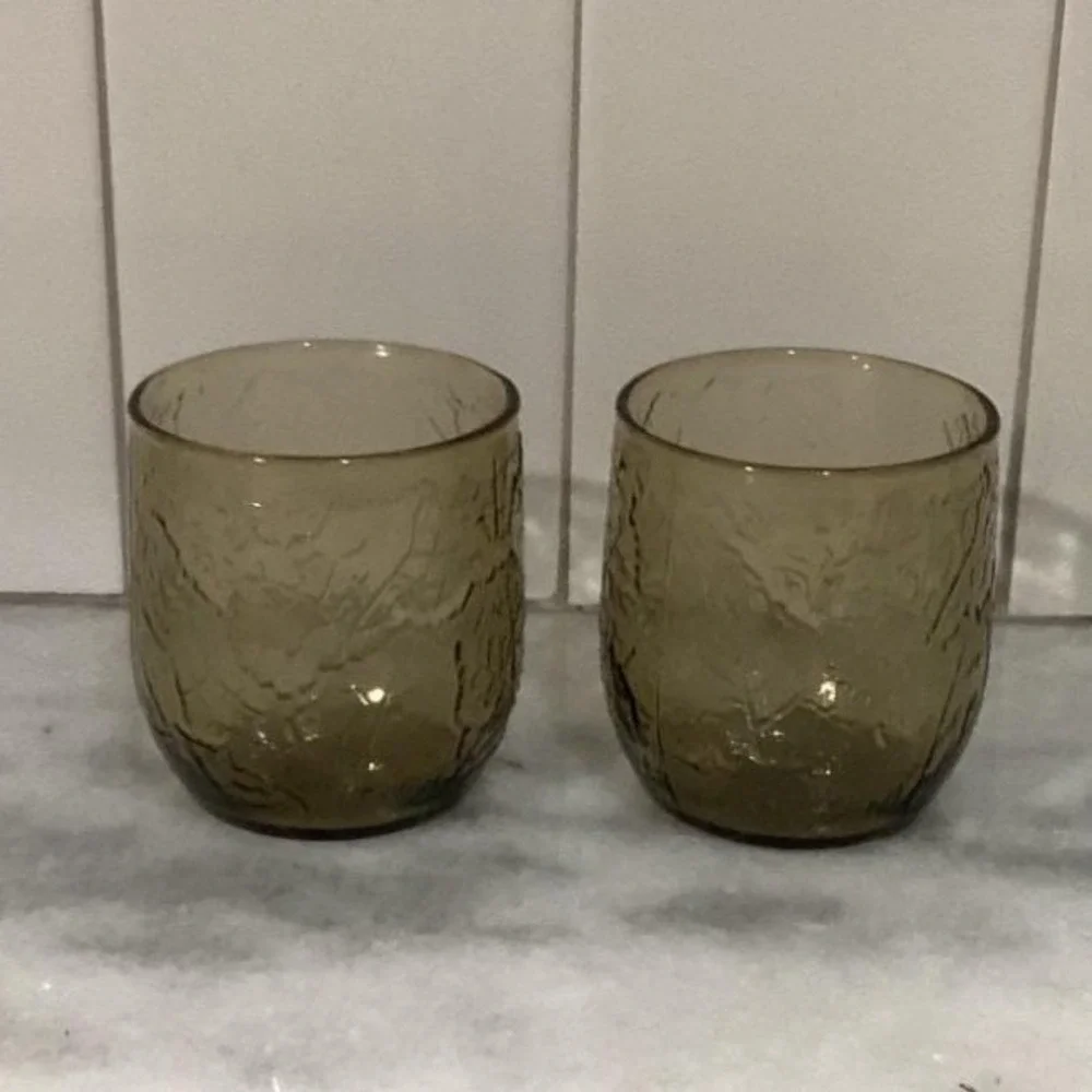Anchor Hocking‎ Sherwood Spicy Brown Lowball Glasses, Set of 2, Vtg Leaf Design
